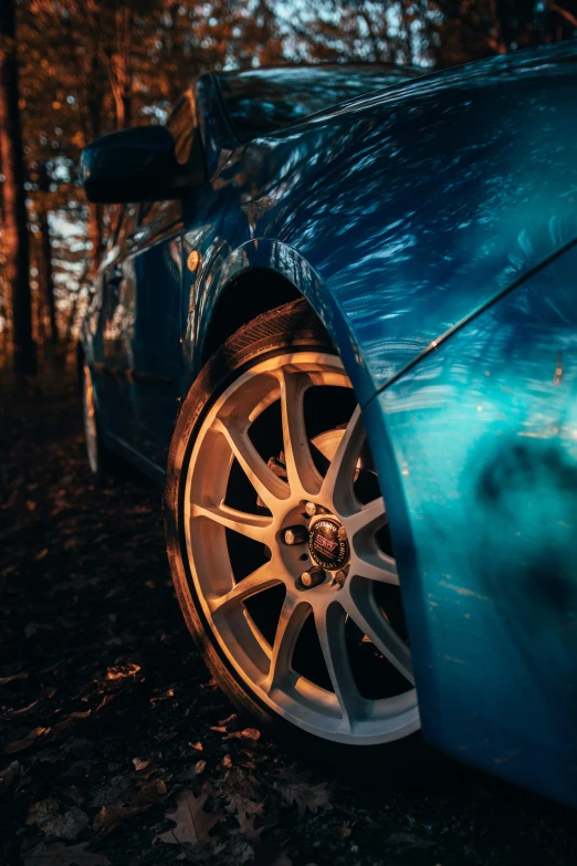 a blue car parked next to other trees