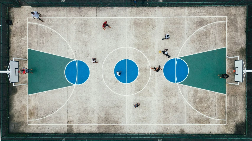 aerial view of a basketball court and court, overhead