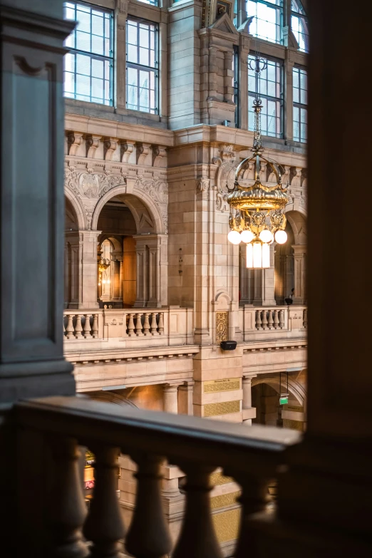 an empty foyer is seen through a window