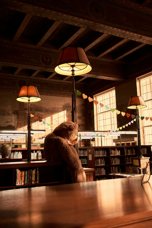 a stuffed animal is sitting on a bar