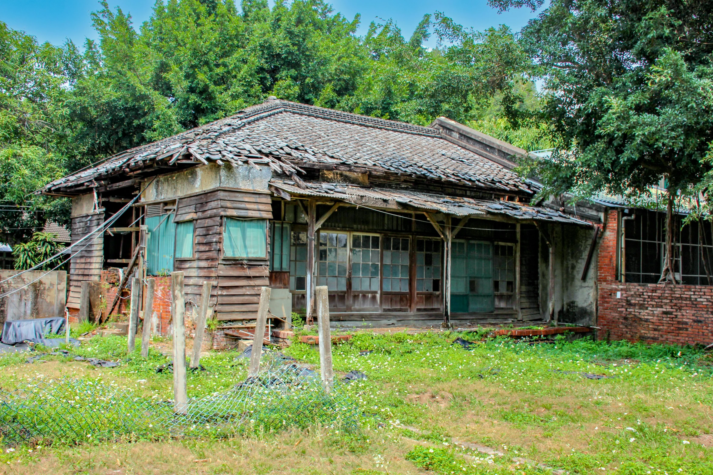 old wooden house with tiled roof near trees