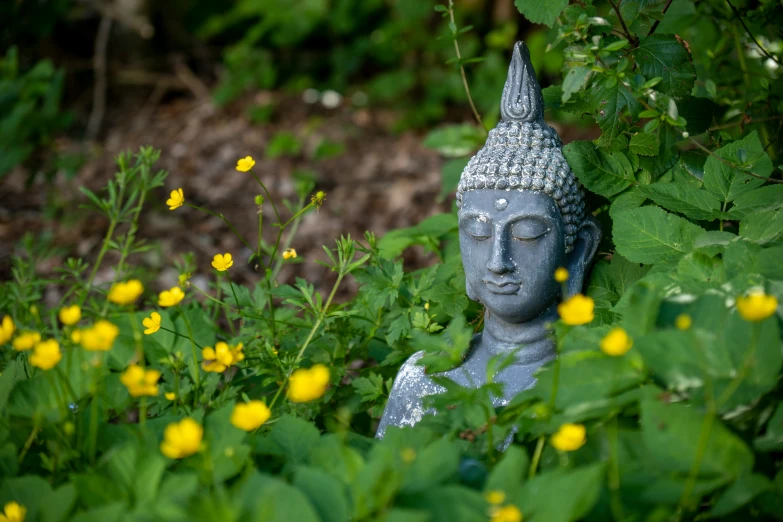 a statue is sitting in a garden full of wildflowers