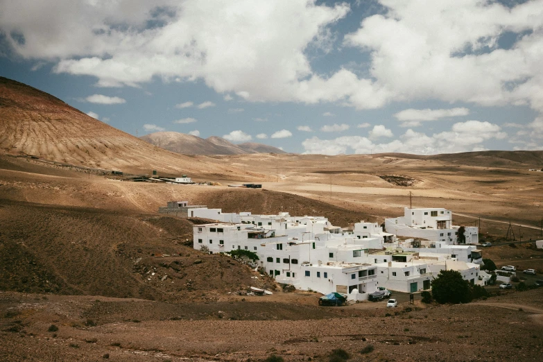 an overhead s of a white building in the desert