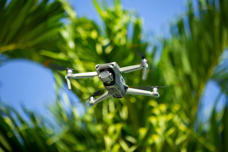 a grey and black device in air and green leaves