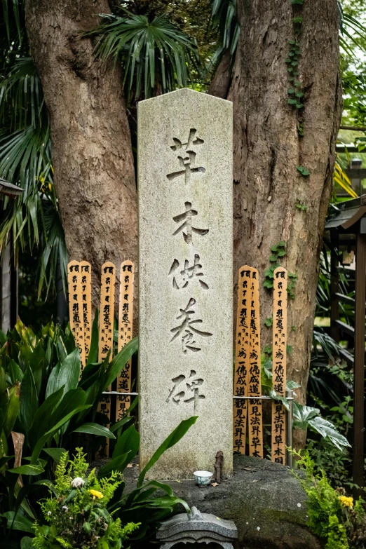 a statue in the middle of a tropical garden