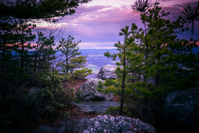 a sunset view from a rocky trail looking out onto the trees