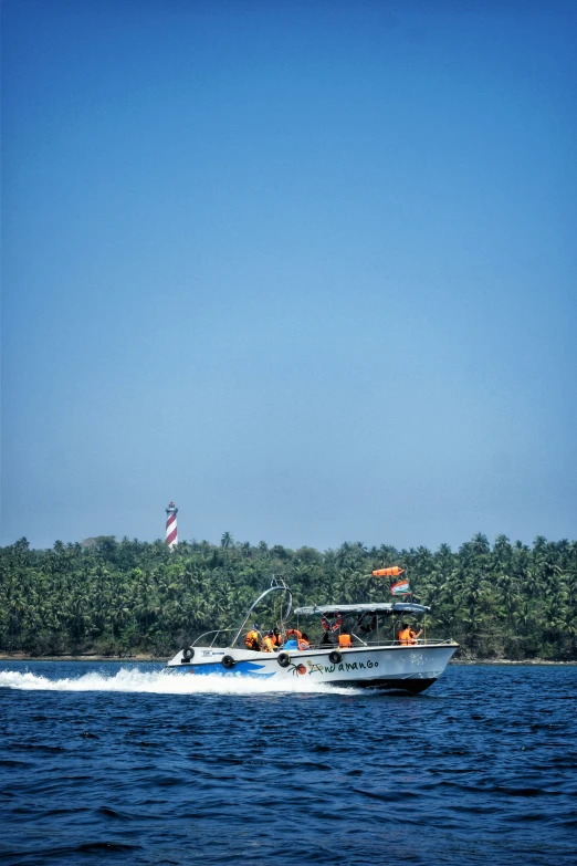 a speedboat is sailing in the water near a wooded shoreline