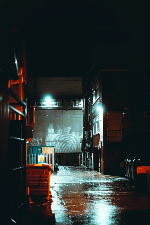 night time scene with an empty and wet street