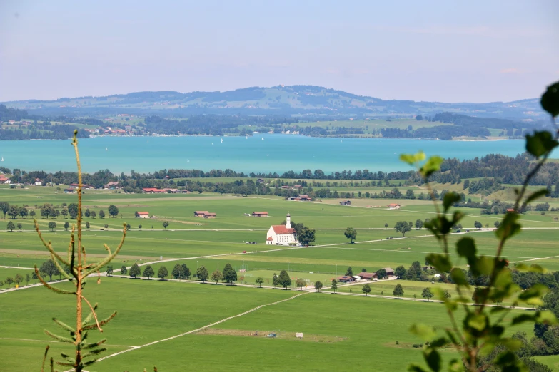 a bird view of a landscape with water and grass