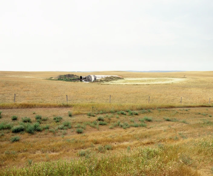 a large open grassy field with some huts in the background