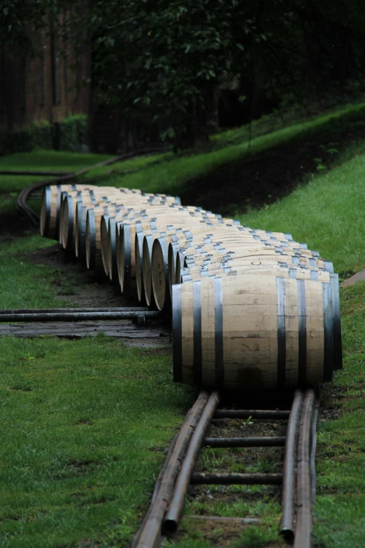 several wooden barrels sitting on rails in a grassy area