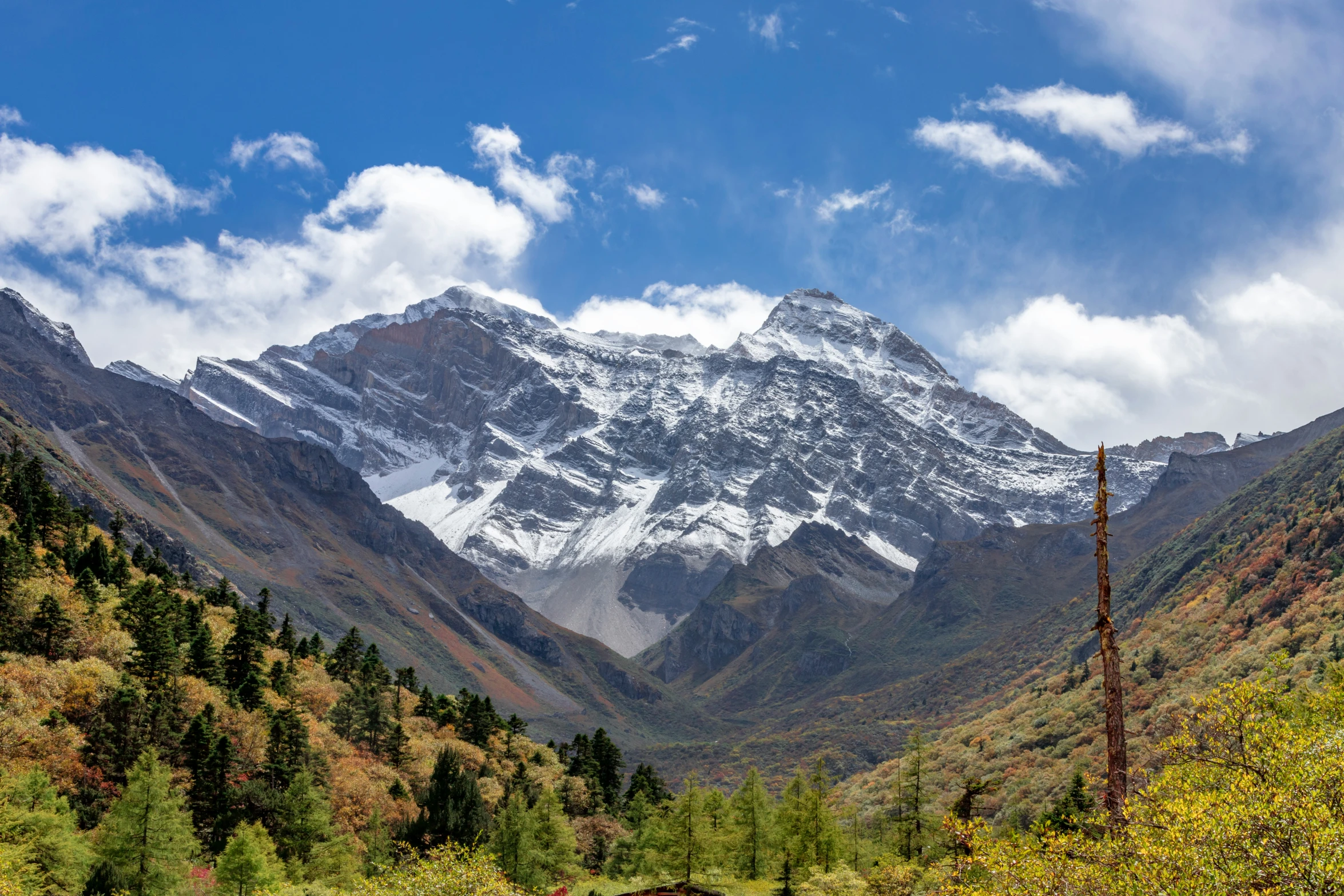 snowy mountains surrounding a wooded area under a partly cloudy sky