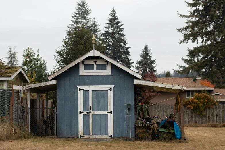 a shed on a grassy lot next to some trees