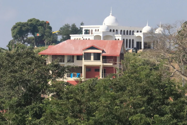 there is a large house surrounded by trees