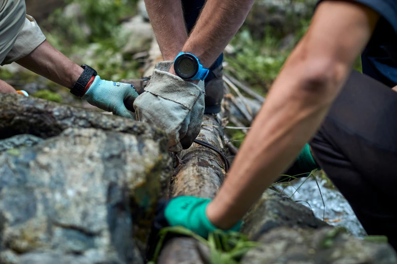 two men work with rock tools to trim a fallen log