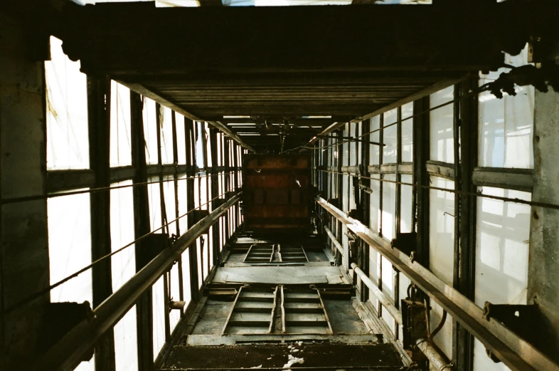 this is an abandoned building, looking down through