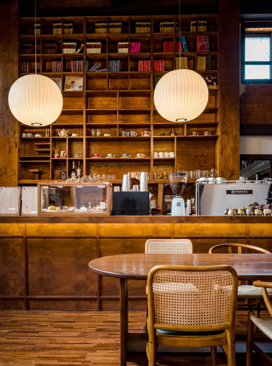 the wooden table in the restaurant is full of bottles