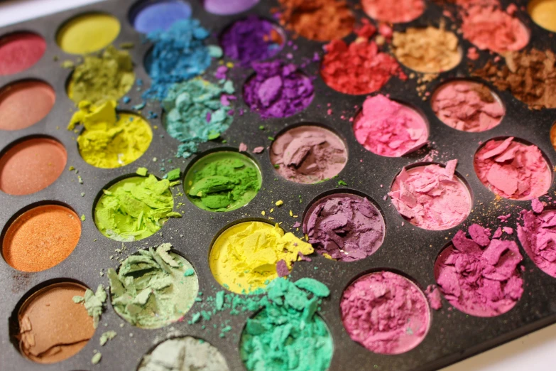 a palette of makeup sits open with it's different colors