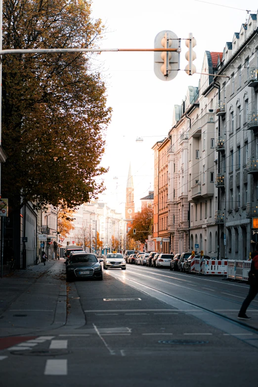 a quiet street with a traffic signal and row of parked cars