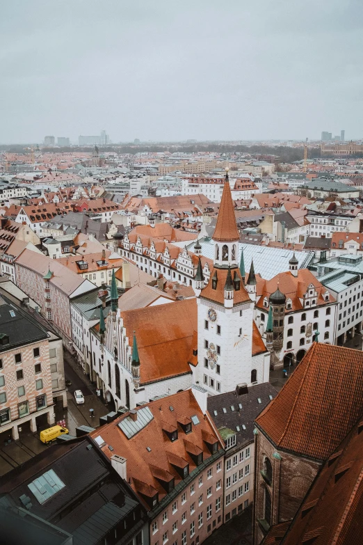 an aerial view of old european buildings in red roofs