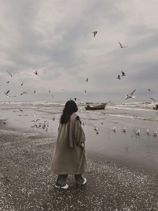 a girl looking at seagulls flying in the air