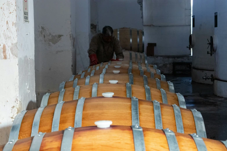 there is a person that is looking at the barrels