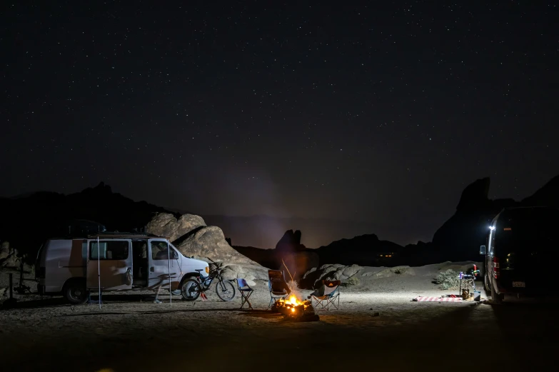 the dark night has lit up camping gear with the camper in it