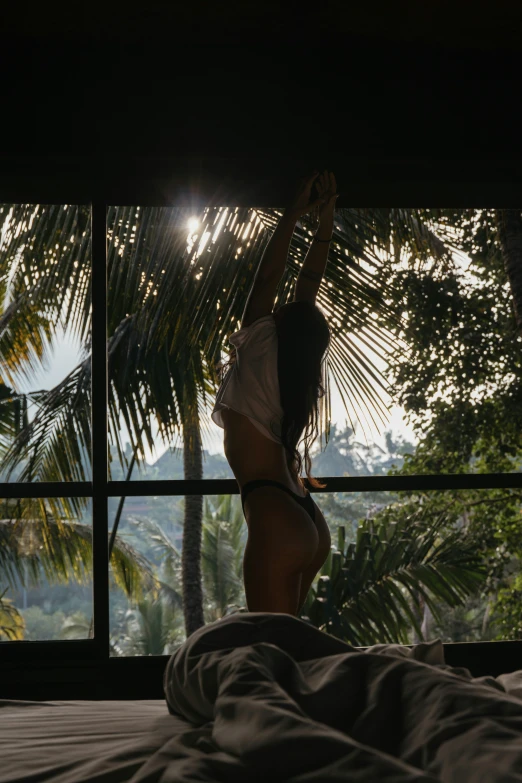 woman standing up with her back turned, in the window