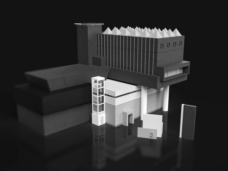 a 3d rendering of a building with a black background