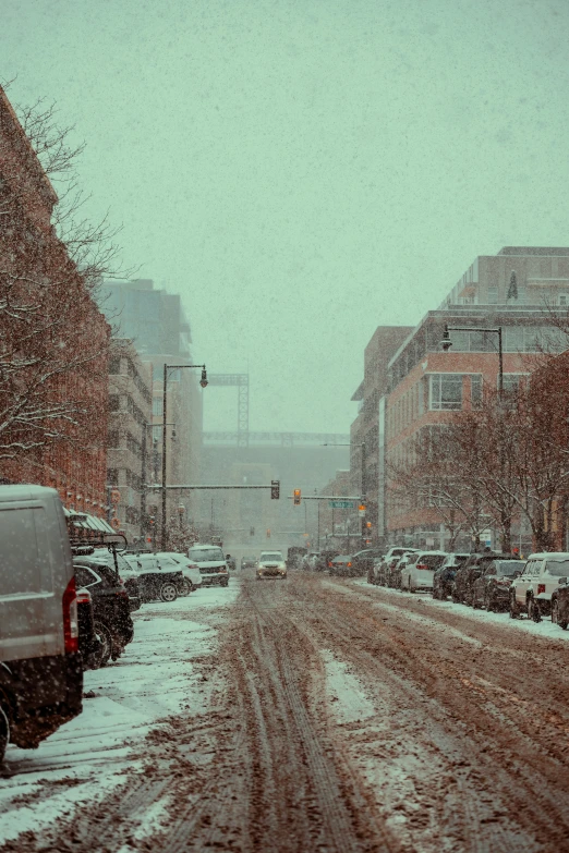 an overcast day in a city with lots of snow