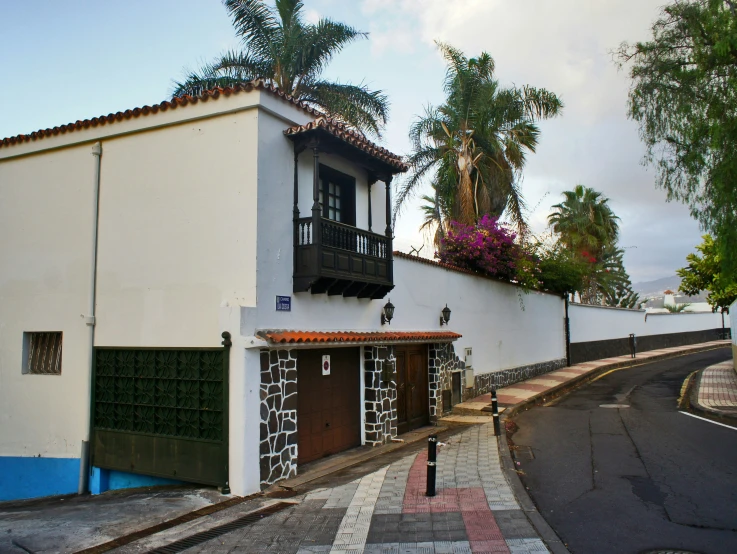 the side of a white building with palm trees and pink flowers