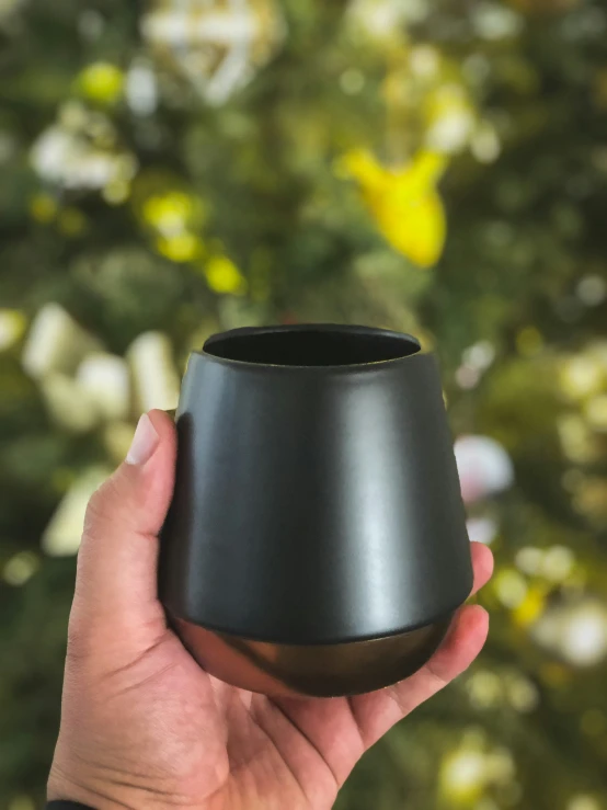 a person holding a black vase up against a tree