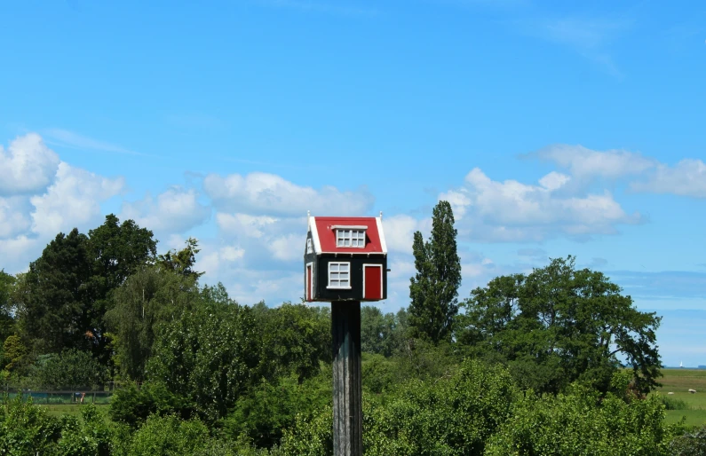 a house in a tree stands atop a pole