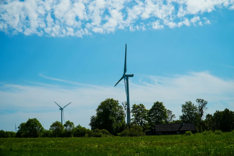 there is a wind turbine standing in a field with trees