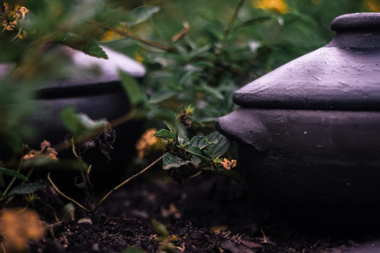 a stone pot is in the middle of a garden