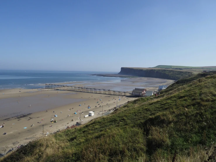 many people on the beach near a pier