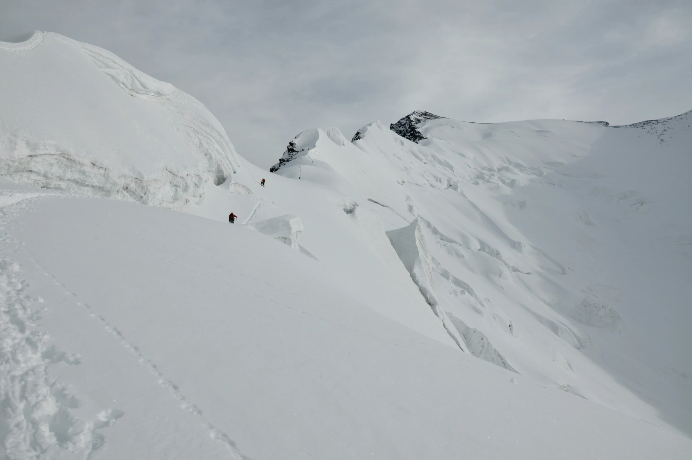 two skiers on snow covered mountain with trees and clouds