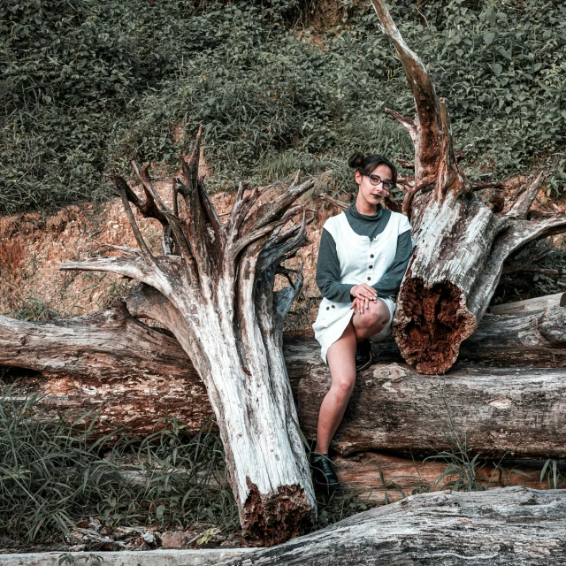 a woman wearing sunglasses sitting on logs by a tree