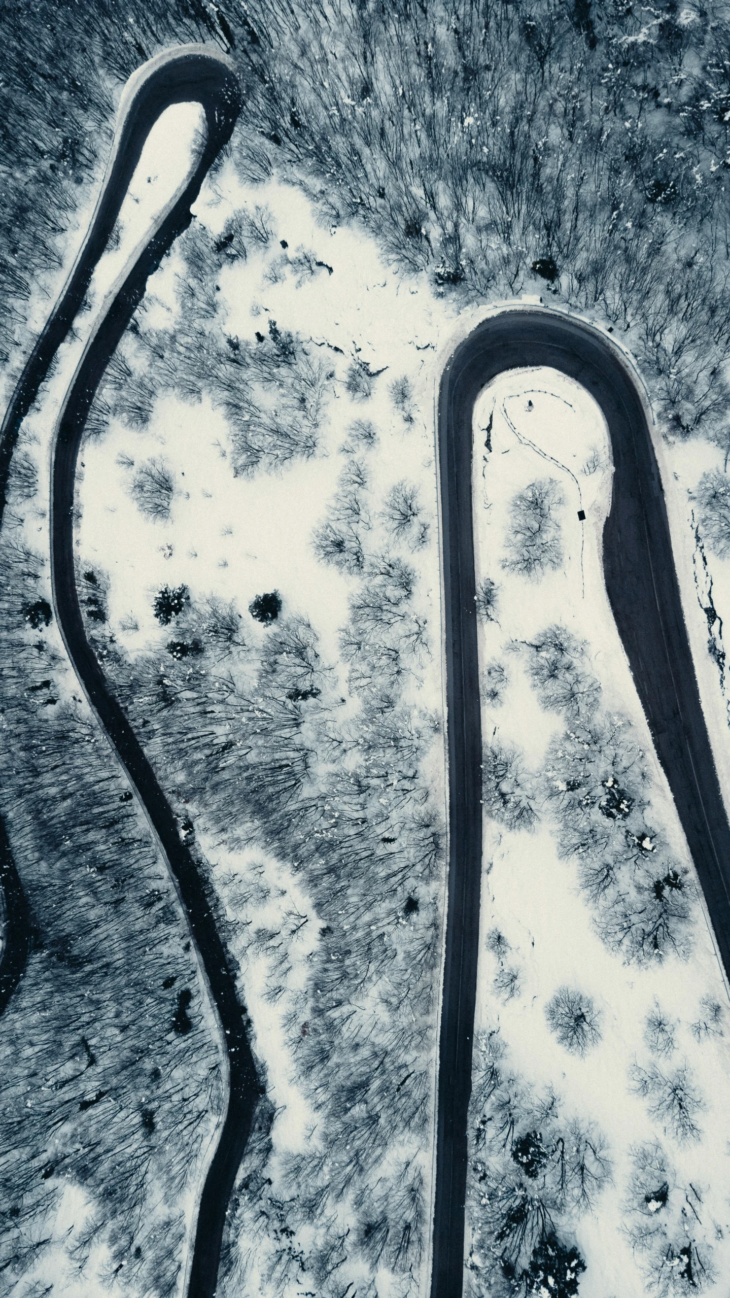 two snow - covered windings in the middle of an empty road