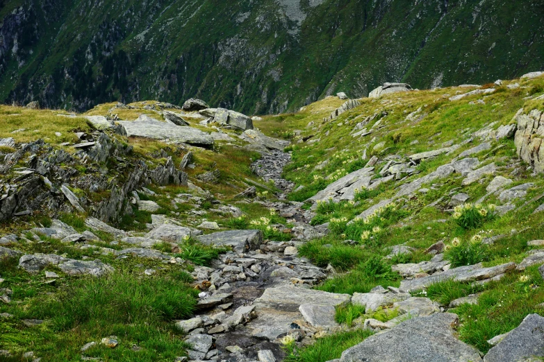 the mountain slope has very rocky formations