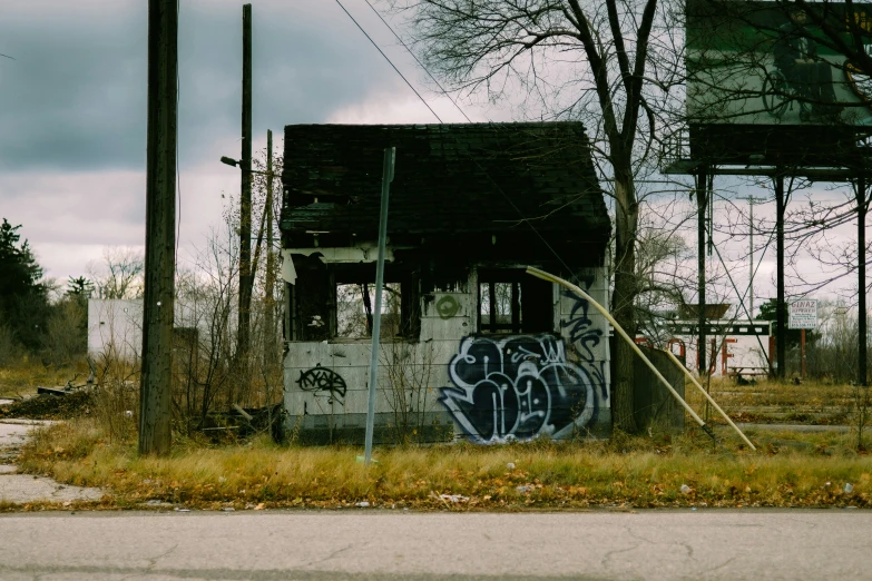 a dilapidated building is in an abandoned, industrial area