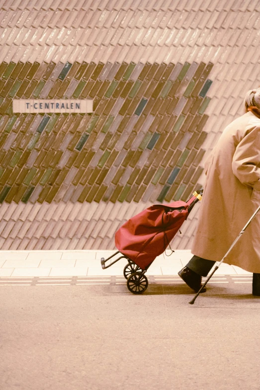 the older man with his hand bag is hing a small cart