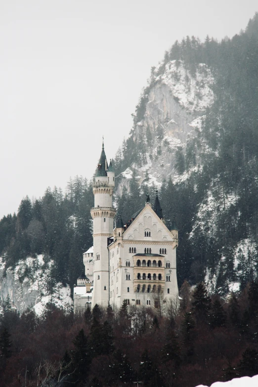 there is a white castle built on the side of a mountain