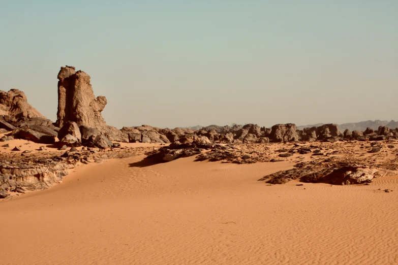 an arid desert scene with rocks and sand