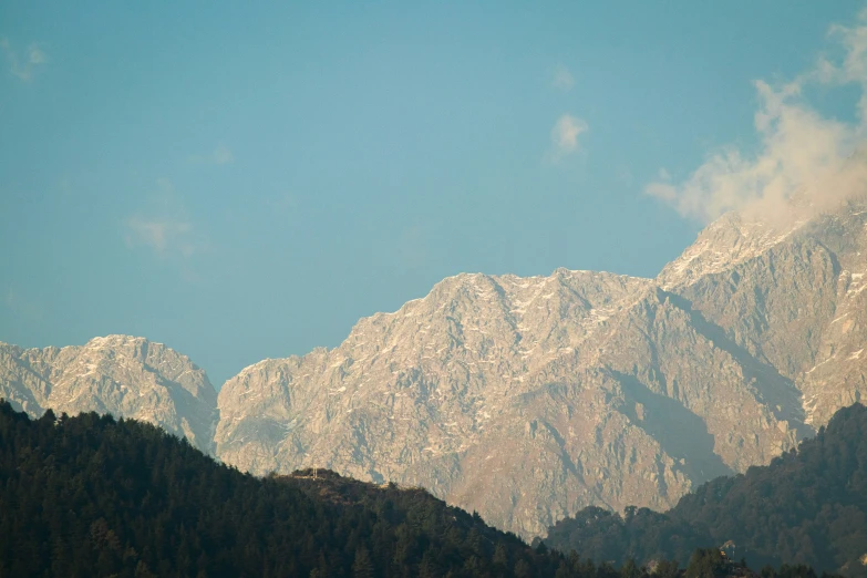 snowy mountains seen from below during a partly cloudy day