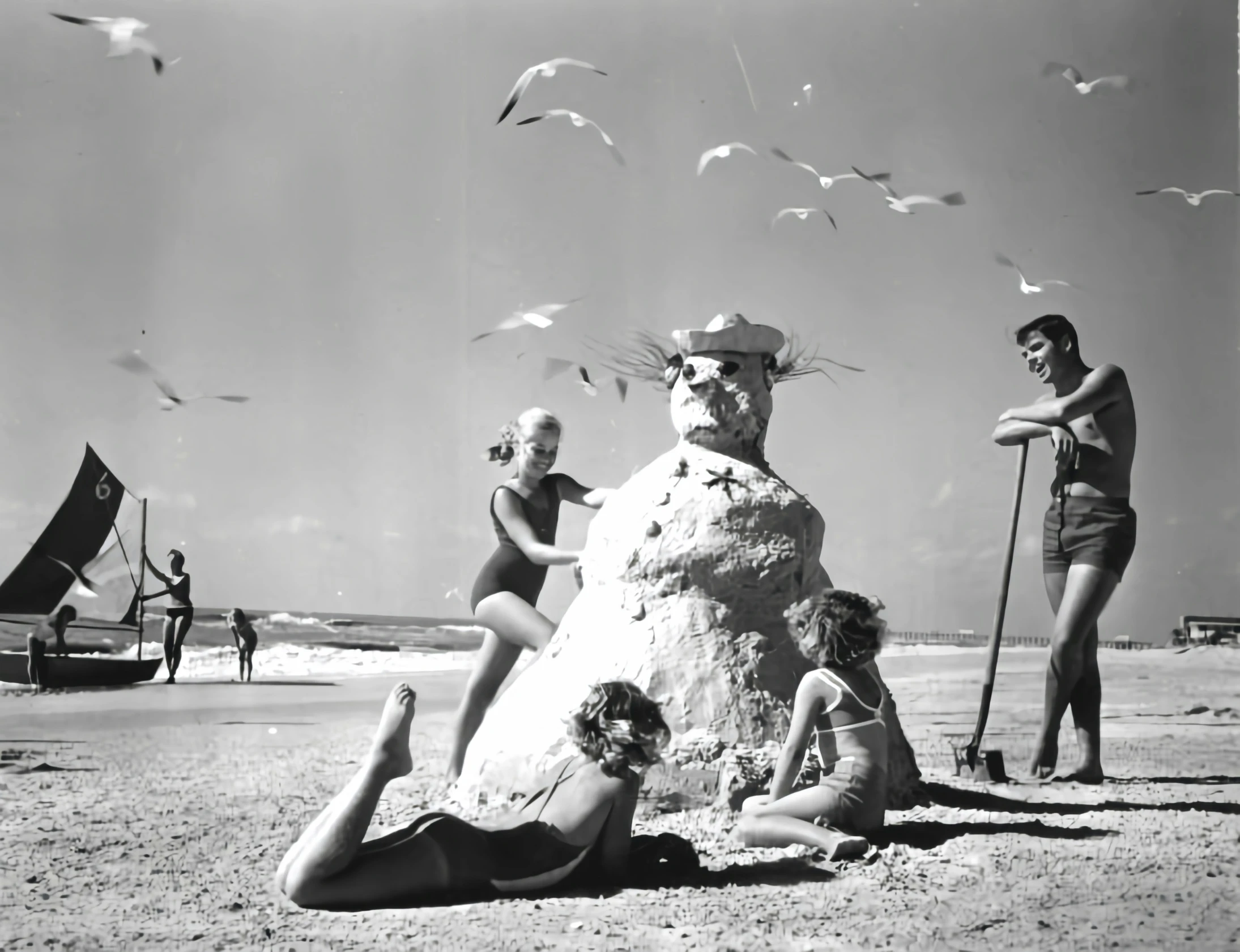 four people at the beach with their legs on a sand dune