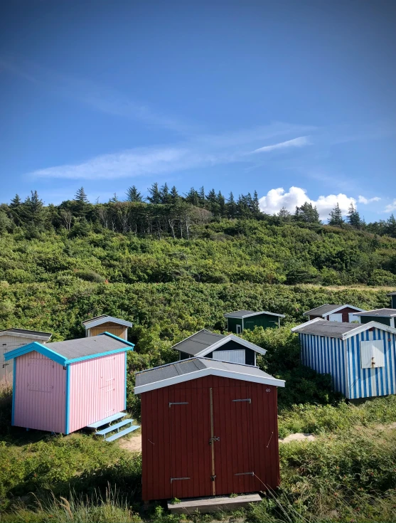 many huts with colorful painted doors in front of a forest