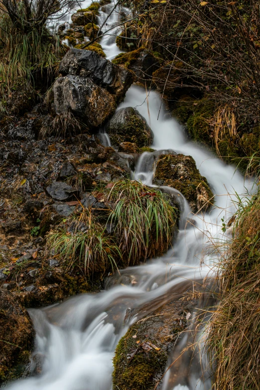 a mountain stream cascading over a small waterfall