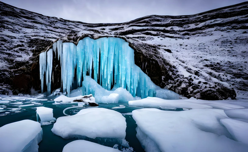 large ice formations hanging from the side of a mountain