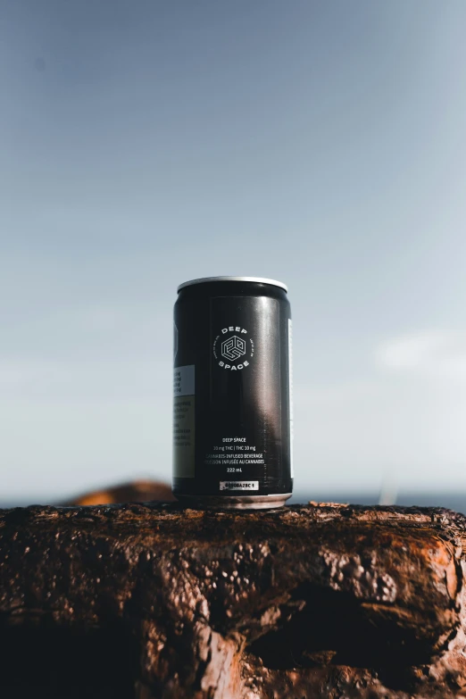 a can is sitting on top of a rocky outcropping